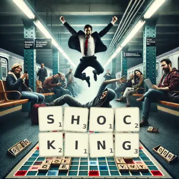 Kreative Illustration für ein Scrabble-Spiel, bei dem das Wort SHOCKING mit Steinen auf dem Brett gelegt wurde.