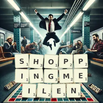 Kreative Illustration für ein Scrabble-Spiel, bei dem das Wort SHOPPINGMEILEN mit Steinen auf dem Brett gelegt wurde.