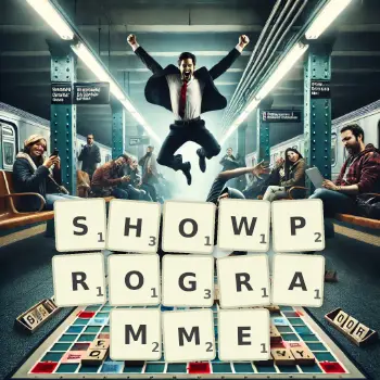 Kreative Illustration für ein Scrabble-Spiel, bei dem das Wort SHOWPROGRAMME mit Steinen auf dem Brett gelegt wurde.