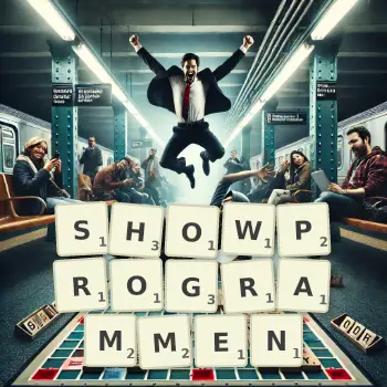 Kreative Illustration für ein Scrabble-Spiel, bei dem das Wort SHOWPROGRAMMEN mit Steinen auf dem Brett gelegt wurde.