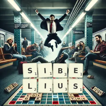 Kreative Illustration für ein Scrabble-Spiel, bei dem das Wort SIBELIUS mit Steinen auf dem Brett gelegt wurde.