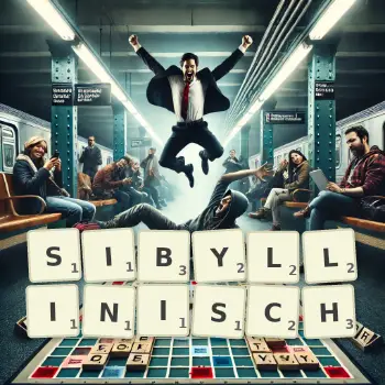 Kreative Illustration für ein Scrabble-Spiel, bei dem das Wort SIBYLLINISCH mit Steinen auf dem Brett gelegt wurde.