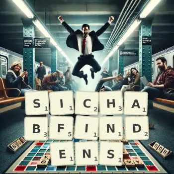 Kreative Illustration für ein Scrabble-Spiel, bei dem das Wort SICHABFINDENS mit Steinen auf dem Brett gelegt wurde.