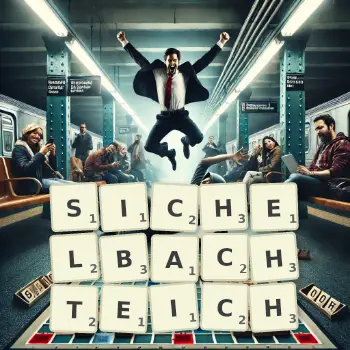 Kreative Illustration für ein Scrabble-Spiel, bei dem das Wort SICHELBACHTEICH mit Steinen auf dem Brett gelegt wurde.