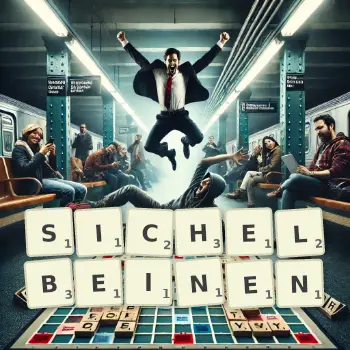 Kreative Illustration für ein Scrabble-Spiel, bei dem das Wort SICHELBEINEN mit Steinen auf dem Brett gelegt wurde.
