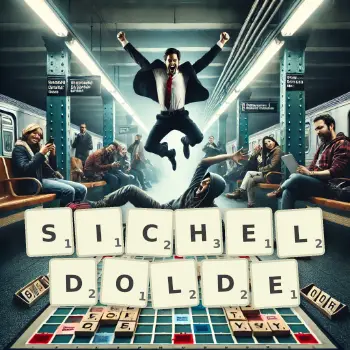 Kreative Illustration für ein Scrabble-Spiel, bei dem das Wort SICHELDOLDE mit Steinen auf dem Brett gelegt wurde.