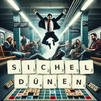 Kreative Illustration für ein Scrabble-Spiel, bei dem das Wort SICHELDÜNEN mit Steinen auf dem Brett gelegt wurde.