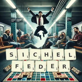 Kreative Illustration für ein Scrabble-Spiel, bei dem das Wort SICHELFEDER mit Steinen auf dem Brett gelegt wurde.