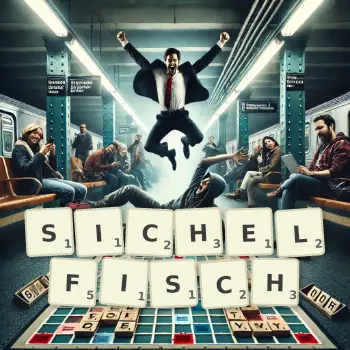 Kreative Illustration für ein Scrabble-Spiel, bei dem das Wort SICHELFISCH mit Steinen auf dem Brett gelegt wurde.