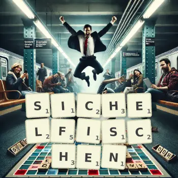 Kreative Illustration für ein Scrabble-Spiel, bei dem das Wort SICHELFISCHEN mit Steinen auf dem Brett gelegt wurde.