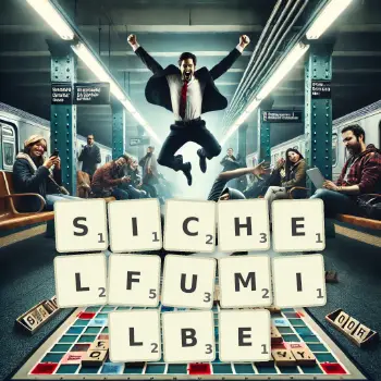 Kreative Illustration für ein Scrabble-Spiel, bei dem das Wort SICHELFUMILBE mit Steinen auf dem Brett gelegt wurde.
