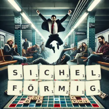 Kreative Illustration für ein Scrabble-Spiel, bei dem das Wort SICHELFÖRMIG mit Steinen auf dem Brett gelegt wurde.