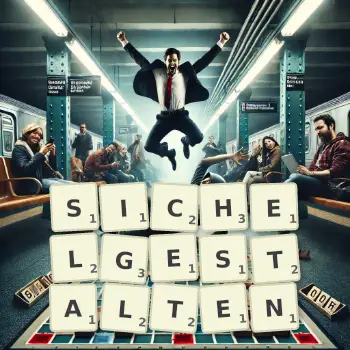 Kreative Illustration für ein Scrabble-Spiel, bei dem das Wort SICHELGESTALTEN mit Steinen auf dem Brett gelegt wurde.