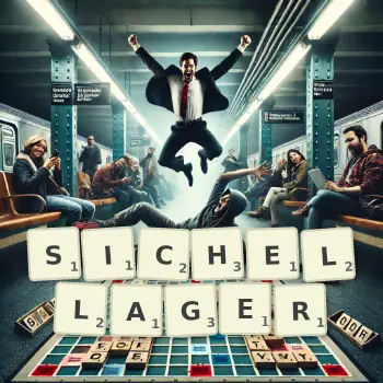 Kreative Illustration für ein Scrabble-Spiel, bei dem das Wort SICHELLAGER mit Steinen auf dem Brett gelegt wurde.