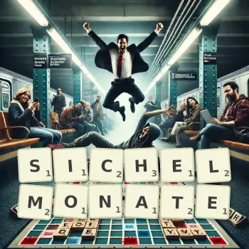 Kreative Illustration für ein Scrabble-Spiel, bei dem das Wort SICHELMONATE mit Steinen auf dem Brett gelegt wurde.