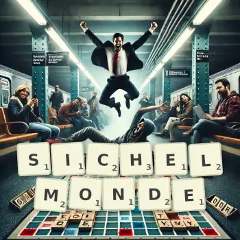 Kreative Illustration für ein Scrabble-Spiel, bei dem das Wort SICHELMONDE mit Steinen auf dem Brett gelegt wurde.