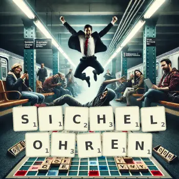 Kreative Illustration für ein Scrabble-Spiel, bei dem das Wort SICHELOHREN mit Steinen auf dem Brett gelegt wurde.