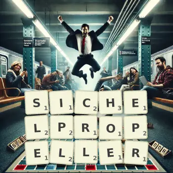 Kreative Illustration für ein Scrabble-Spiel, bei dem das Wort SICHELPROPELLER mit Steinen auf dem Brett gelegt wurde.