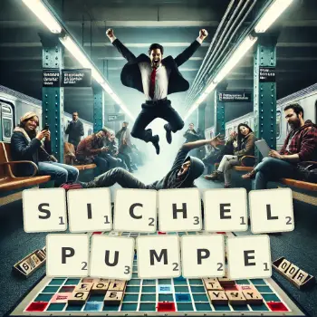 Kreative Illustration für ein Scrabble-Spiel, bei dem das Wort SICHELPUMPE mit Steinen auf dem Brett gelegt wurde.