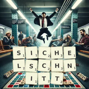 Kreative Illustration für ein Scrabble-Spiel, bei dem das Wort SICHELSCHNITT mit Steinen auf dem Brett gelegt wurde.