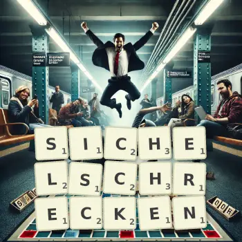 Kreative Illustration für ein Scrabble-Spiel, bei dem das Wort SICHELSCHRECKEN mit Steinen auf dem Brett gelegt wurde.