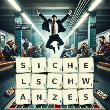 Kreative Illustration für ein Scrabble-Spiel, bei dem das Wort SICHELSCHWANZES mit Steinen auf dem Brett gelegt wurde.