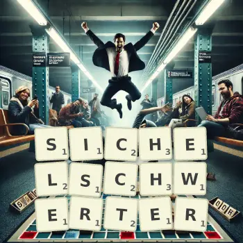 Kreative Illustration für ein Scrabble-Spiel, bei dem das Wort SICHELSCHWERTER mit Steinen auf dem Brett gelegt wurde.