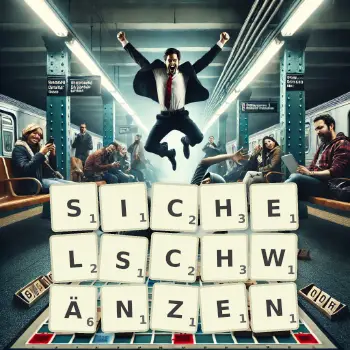 Kreative Illustration für ein Scrabble-Spiel, bei dem das Wort SICHELSCHWÄNZEN mit Steinen auf dem Brett gelegt wurde.