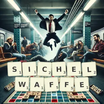 Kreative Illustration für ein Scrabble-Spiel, bei dem das Wort SICHELWAFFE mit Steinen auf dem Brett gelegt wurde.