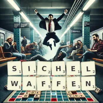 Kreative Illustration für ein Scrabble-Spiel, bei dem das Wort SICHELWAFFEN mit Steinen auf dem Brett gelegt wurde.