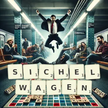 Kreative Illustration für ein Scrabble-Spiel, bei dem das Wort SICHELWAGEN mit Steinen auf dem Brett gelegt wurde.