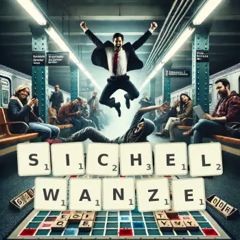 Kreative Illustration für ein Scrabble-Spiel, bei dem das Wort SICHELWANZE mit Steinen auf dem Brett gelegt wurde.