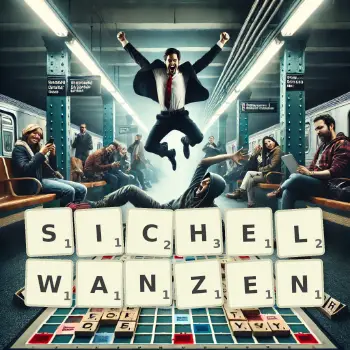 Kreative Illustration für ein Scrabble-Spiel, bei dem das Wort SICHELWANZEN mit Steinen auf dem Brett gelegt wurde.