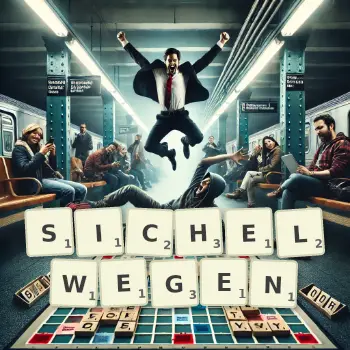 Kreative Illustration für ein Scrabble-Spiel, bei dem das Wort SICHELWEGEN mit Steinen auf dem Brett gelegt wurde.