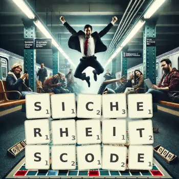 Kreative Illustration für ein Scrabble-Spiel, bei dem das Wort SICHERHEITSCODE mit Steinen auf dem Brett gelegt wurde.