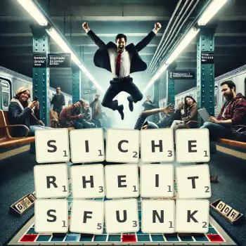 Kreative Illustration für ein Scrabble-Spiel, bei dem das Wort SICHERHEITSFUNK mit Steinen auf dem Brett gelegt wurde.
