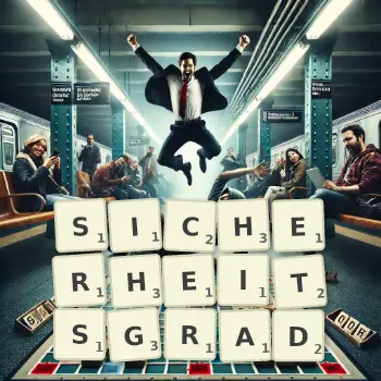 Kreative Illustration für ein Scrabble-Spiel, bei dem das Wort SICHERHEITSGRAD mit Steinen auf dem Brett gelegt wurde.
