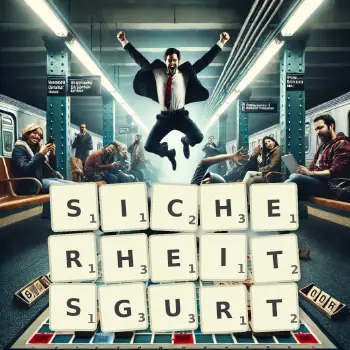 Kreative Illustration für ein Scrabble-Spiel, bei dem das Wort SICHERHEITSGURT mit Steinen auf dem Brett gelegt wurde.