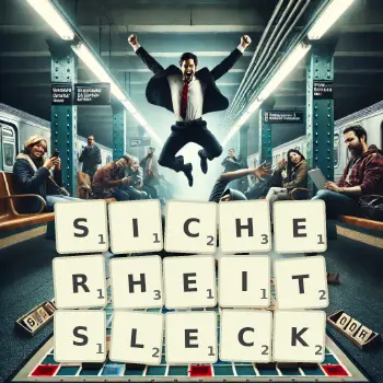 Kreative Illustration für ein Scrabble-Spiel, bei dem das Wort SICHERHEITSLECK mit Steinen auf dem Brett gelegt wurde.