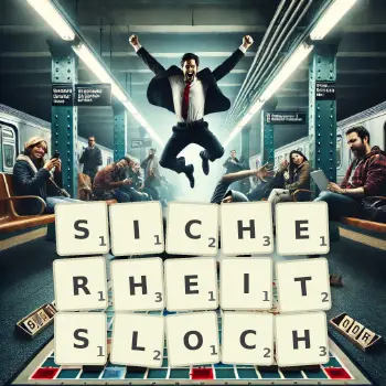 Kreative Illustration für ein Scrabble-Spiel, bei dem das Wort SICHERHEITSLOCH mit Steinen auf dem Brett gelegt wurde.