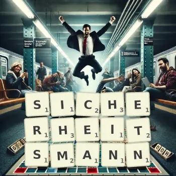 Kreative Illustration für ein Scrabble-Spiel, bei dem das Wort SICHERHEITSMANN mit Steinen auf dem Brett gelegt wurde.