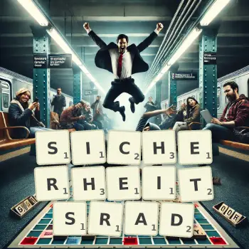 Kreative Illustration für ein Scrabble-Spiel, bei dem das Wort SICHERHEITSRAD mit Steinen auf dem Brett gelegt wurde.