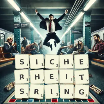 Kreative Illustration für ein Scrabble-Spiel, bei dem das Wort SICHERHEITSRING mit Steinen auf dem Brett gelegt wurde.