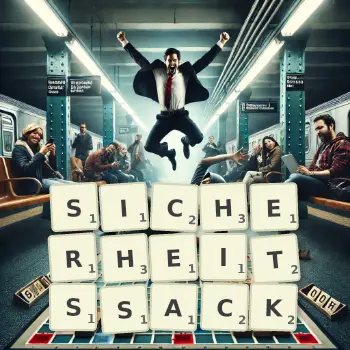 Kreative Illustration für ein Scrabble-Spiel, bei dem das Wort SICHERHEITSSACK mit Steinen auf dem Brett gelegt wurde.