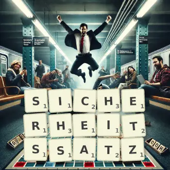 Kreative Illustration für ein Scrabble-Spiel, bei dem das Wort SICHERHEITSSATZ mit Steinen auf dem Brett gelegt wurde.
