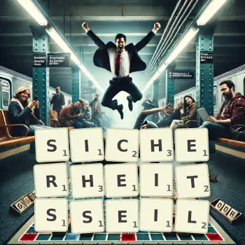 Kreative Illustration für ein Scrabble-Spiel, bei dem das Wort SICHERHEITSSEIL mit Steinen auf dem Brett gelegt wurde.