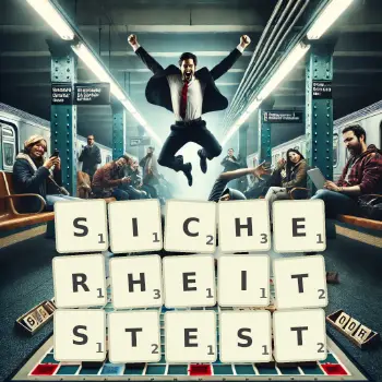 Kreative Illustration für ein Scrabble-Spiel, bei dem das Wort SICHERHEITSTEST mit Steinen auf dem Brett gelegt wurde.