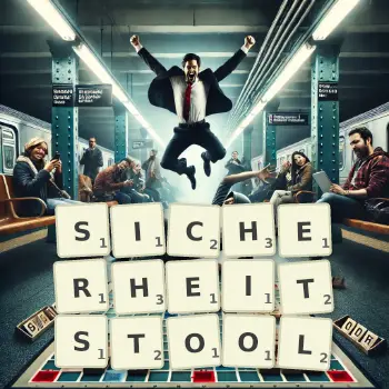 Kreative Illustration für ein Scrabble-Spiel, bei dem das Wort SICHERHEITSTOOL mit Steinen auf dem Brett gelegt wurde.