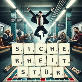 Kreative Illustration für ein Scrabble-Spiel, bei dem das Wort SICHERHEITSTÜR mit Steinen auf dem Brett gelegt wurde.