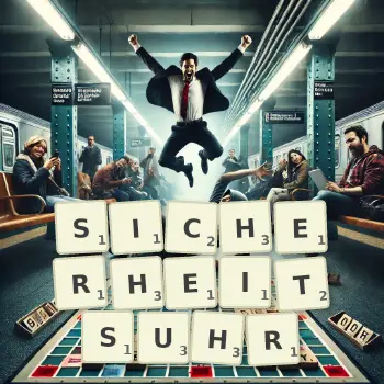 Kreative Illustration für ein Scrabble-Spiel, bei dem das Wort SICHERHEITSUHR mit Steinen auf dem Brett gelegt wurde.